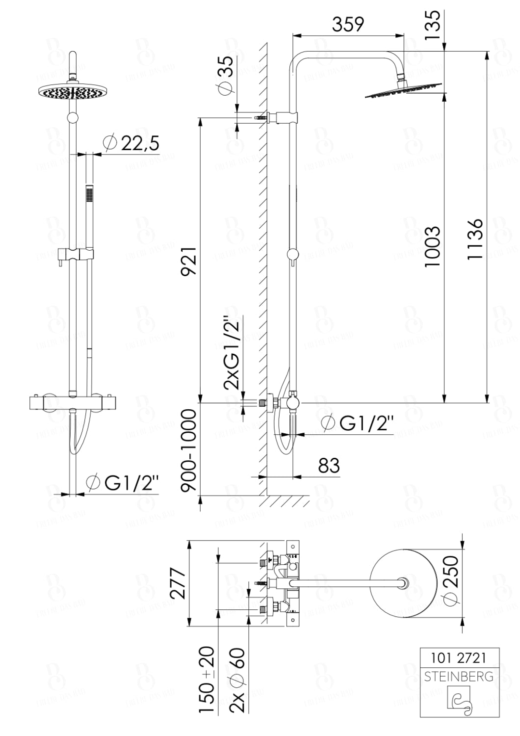 Steinberg Duschsystem - Brushed Gold - Serie 101 - mit Thermostat - Regenbrause rund und Stabhandbrause
