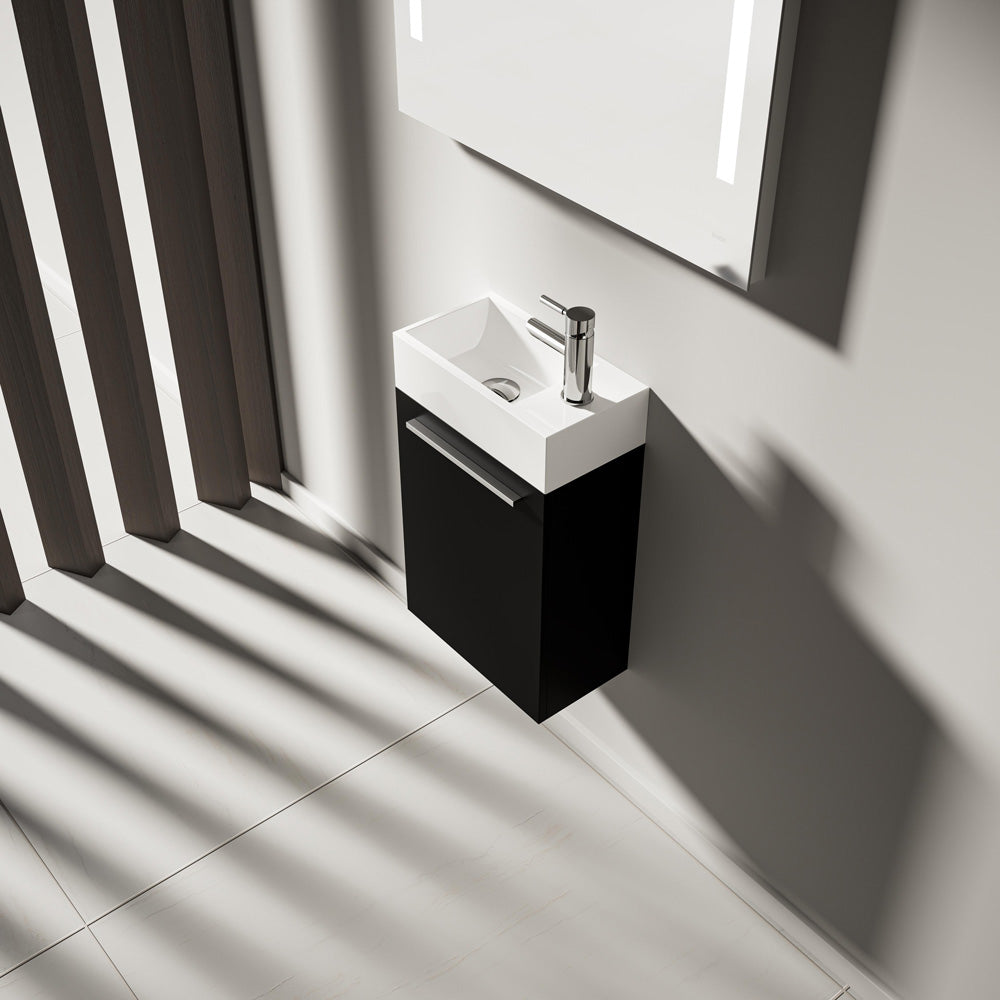 Gäste WC Waschbecken mit Unterschrank – 39,5cm breit – Becken aus Mineralguss – Treos Serie 900 - Schwarz Seidenmatt Lack