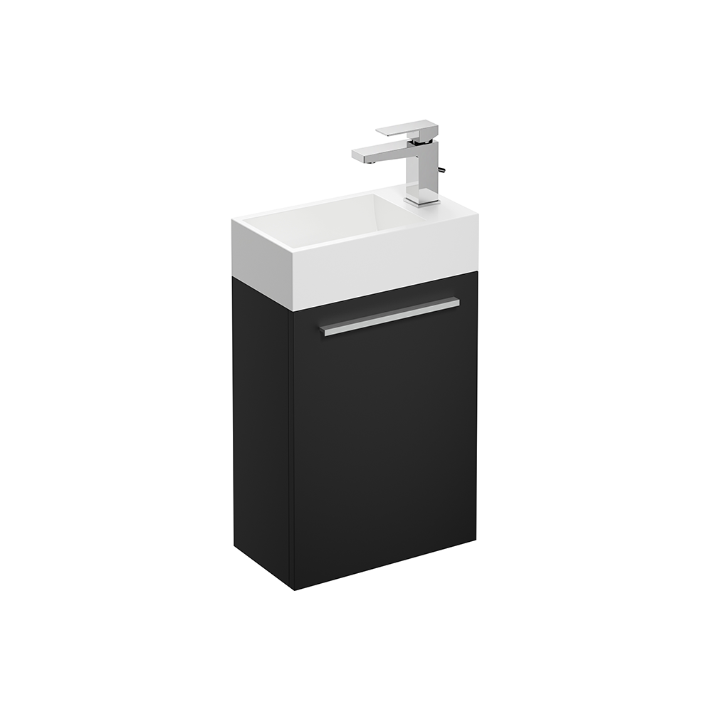 Gäste WC Waschbecken mit Unterschrank – 39,5cm breit – Becken aus Mineralguss – Treos Serie 900 - Schwarz Seidenmatt Lack
