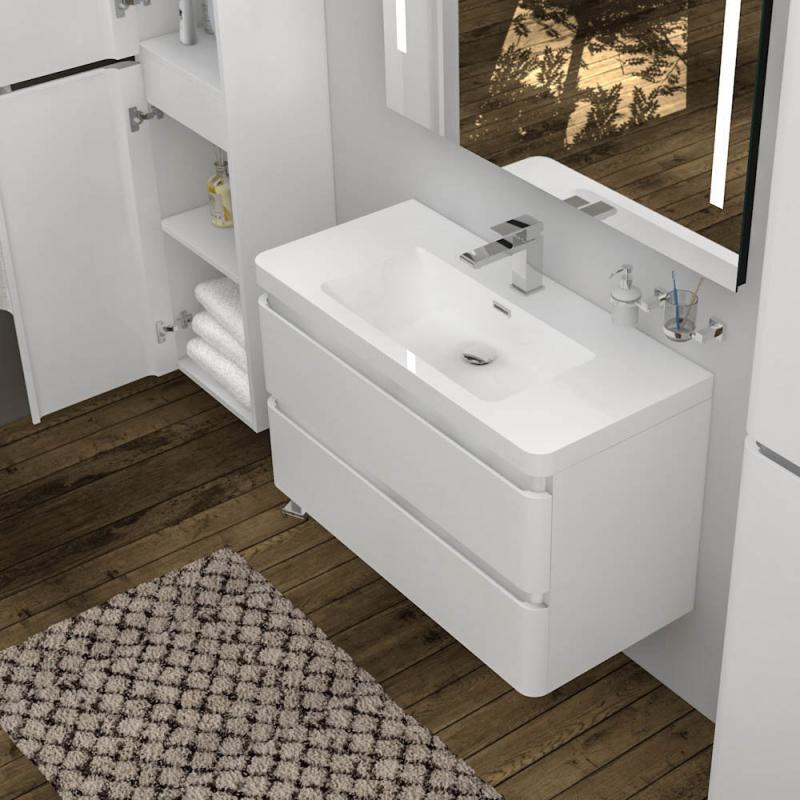Treos Serie 920 Waschtisch mit Waschtischunterschrank mit 2 Auszügen weiß Lack Breite 90 cm