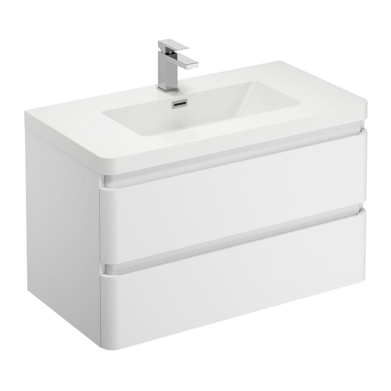 Treos Serie 920 Waschtisch mit Waschtischunterschrank mit 2 Auszügen weiß Lack Breite 90 cm