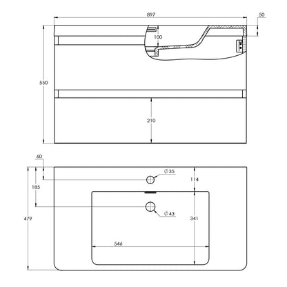 Treos Serie 920 Waschtisch mit Waschtischunterschrank mit 2 Auszügen weiß Lack Breite 90 cm